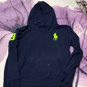 Polo by Ralph Lauren Men's Dark Blue Hoodie with Neon Green Accents